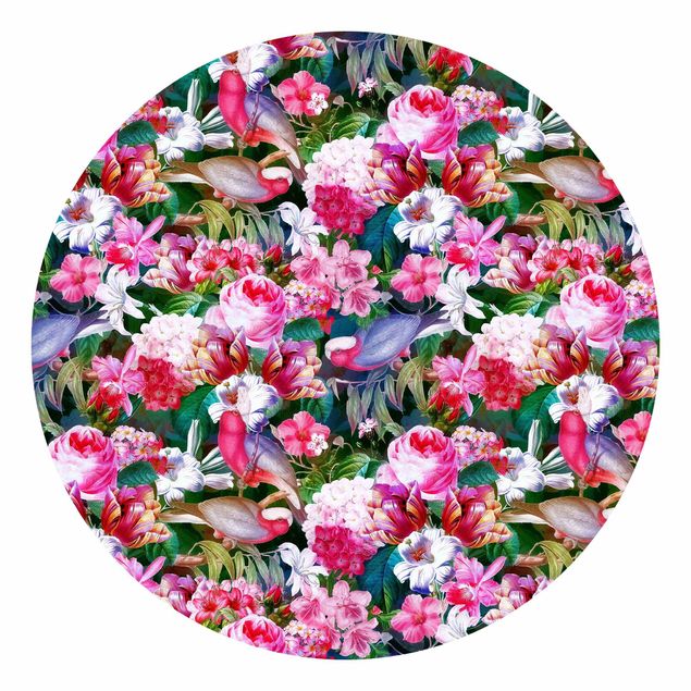 Runde Tapete selbstklebend - Bunte Tropische Blumen mit Vögeln Pink