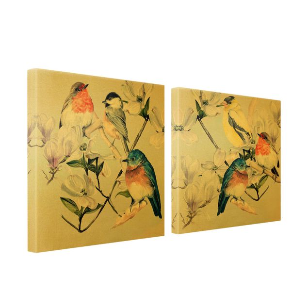 Leinwandbild 2-teilig - Bunte Vögel auf einem Magnolienast Set
