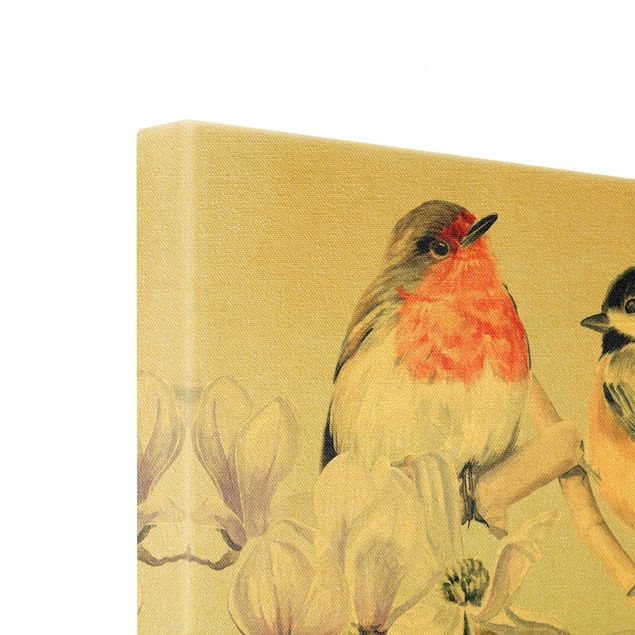 Leinwandbild 2-teilig - Bunte Vögel auf einem Magnolienast Set