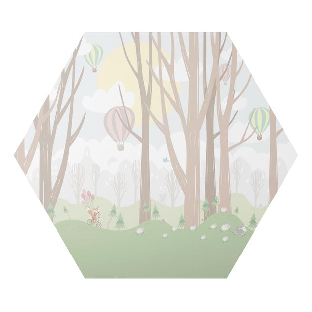 Hexagon Bild Alu-Dibond - Sonne mit Bäumen und Heißluftballons