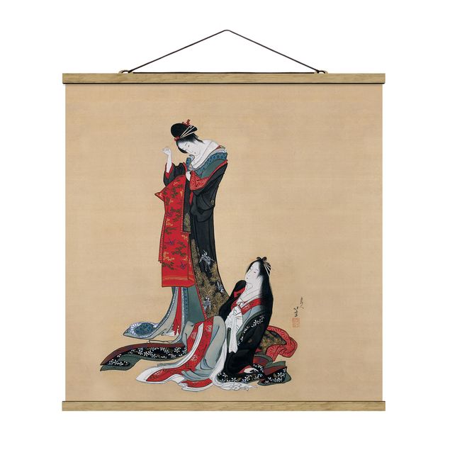 Stoffbild mit Posterleisten - Katsushika Hokusai - Zwei Kurtisanen - Quadrat 1:1