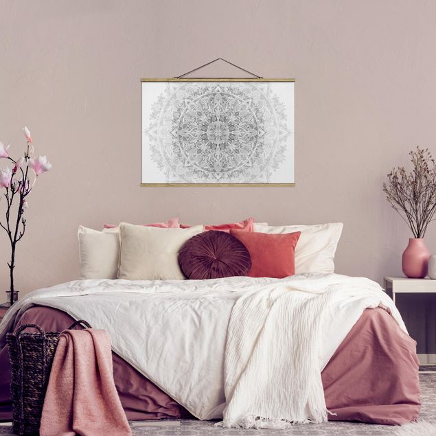 Stoffbild mit Posterleisten - Mandala Aquarell Ornament Muster schwarz weiß - Querformat 3:2