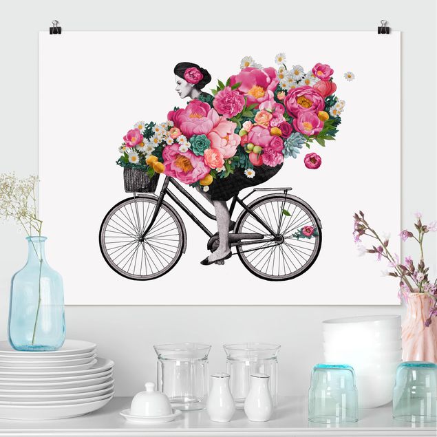 Poster - Illustration Frau auf Fahrrad Collage bunte Blumen - Querformat 3:4