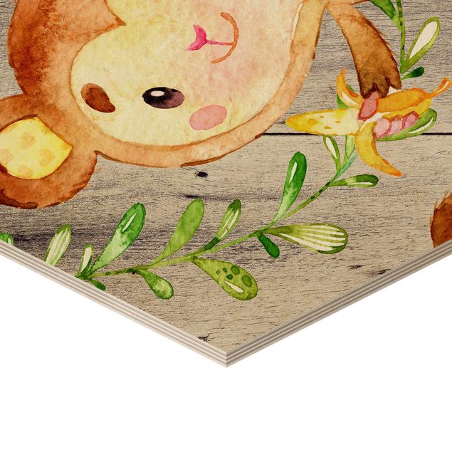 Hexagon Bild Holz - Aquarell Affe auf Holz