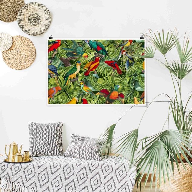 Poster - Bunte Collage - Papageien im Dschungel - Querformat 2:3