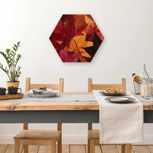 Hexagon Bild Holz - Coloured Leaves