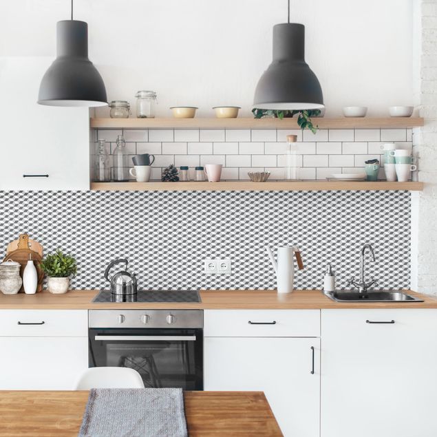 Küchenrückwand - Geometrischer Fliesenmix Würfel Grau