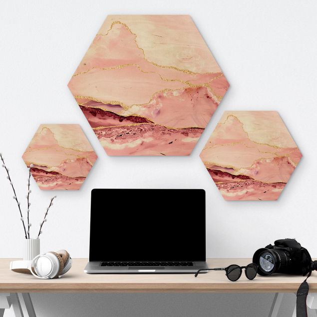 Hexagon Bild Holz - Abstrakte Berge Rosa mit Goldenen Linien