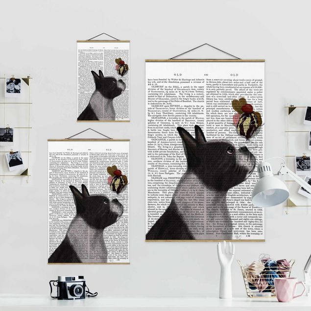 Stoffbild mit Posterleisten - Tierlektüre - Terrier mit Eis - Hochformat 2:3