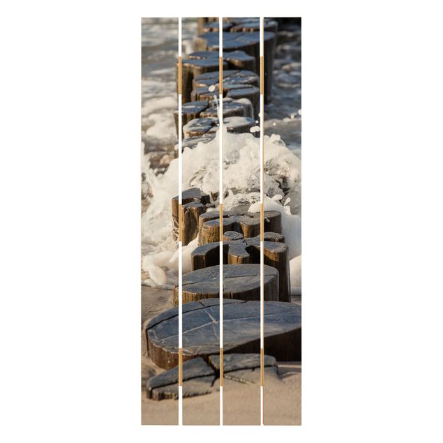 Holzbild - Wellenbrecher am Strand - Hochformat 5:2