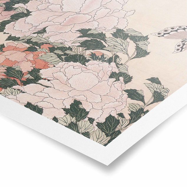 Poster - Katsushika Hokusai - Rosa Pfingstrosen mit Schmetterling - Querformat 2:3
