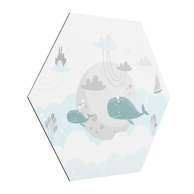 Hexagon Bild Alu-Dibond - Wolken mit Wal und Schloss