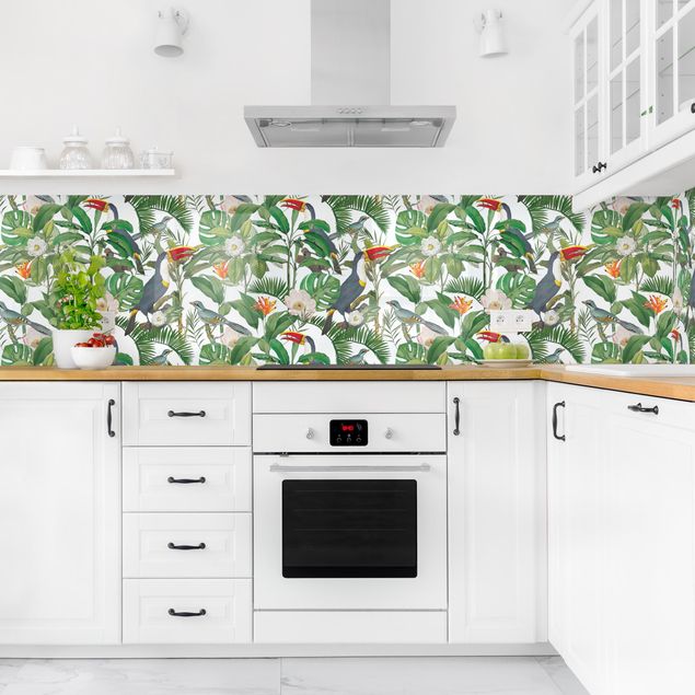 Küchenrückwand - Tropischer Tukan mit Monstera und Palmenblättern II