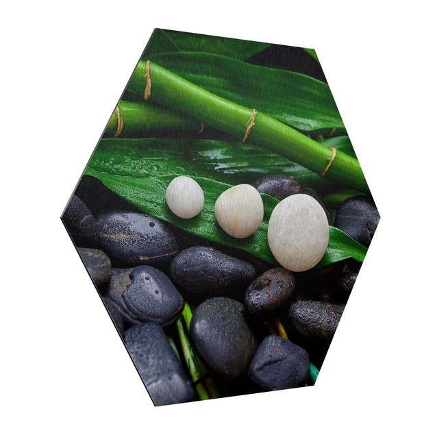 Hexagon Bild Alu-Dibond - Grüner Bambus mit Zen Steinen