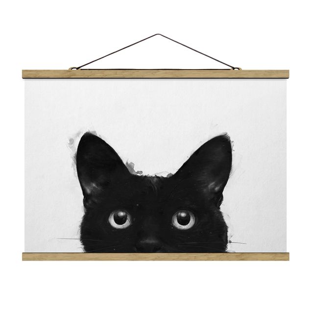 Stoffbild mit Posterleisten - Laura Graves - Illustration Schwarze Katze auf Weiß Malerei - Querformat 3:2