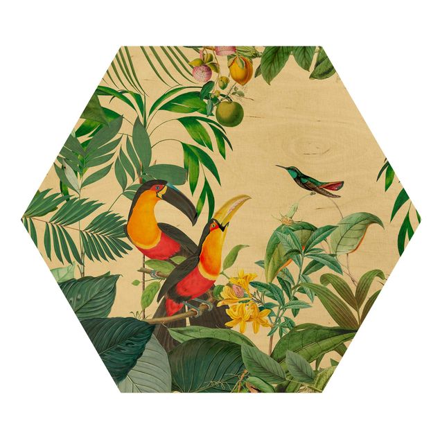 Hexagon Bild Holz - Vintage Collage - Vögel im Dschungel