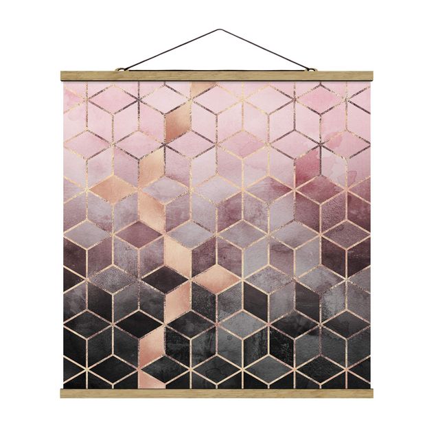 Stoffbild mit Posterleisten - Elisabeth Fredriksson - Rosa Grau goldene Geometrie - Quadrat 1:1