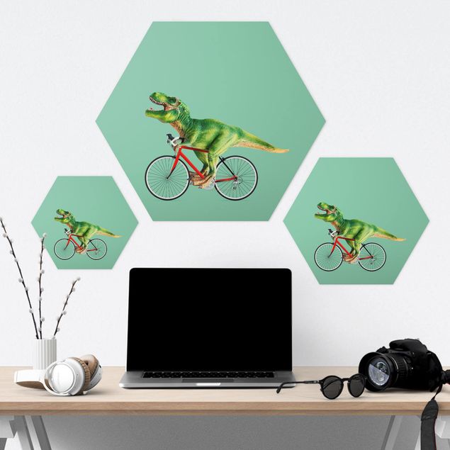 Hexagon Bild Forex - Jonas Loose - Dinosaurier mit Fahrrad