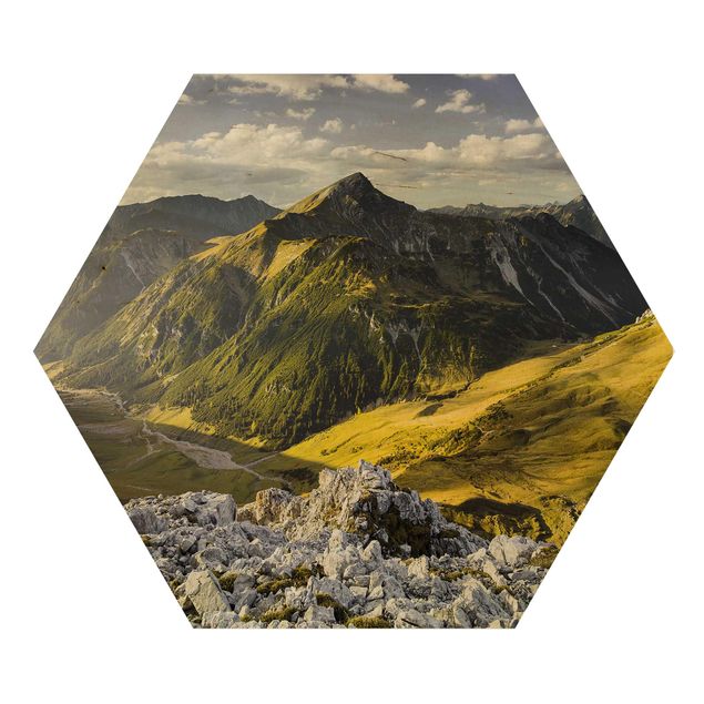 Hexagon Bild Holz - Berge und Tal der Lechtaler Alpen in Tirol