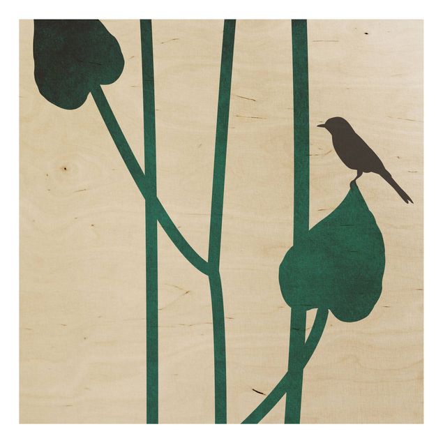 Holzbild - Grafische Pflanzenwelt - Vogel auf Blatt - Quadrat 1:1