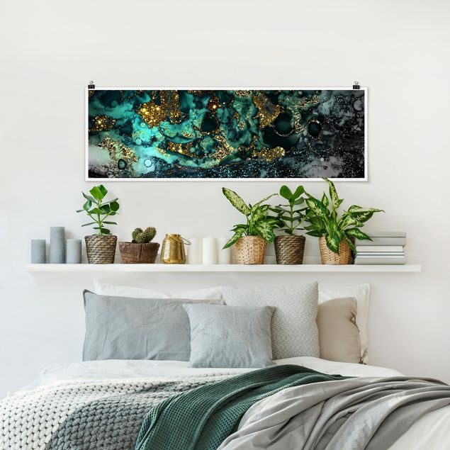 Poster - Goldene Meeres-Inseln Abstrakt - Panorama Querformat
