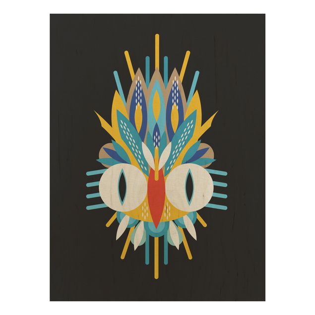 Holzbild - Collage Ethno Maske - Vogel Federn - Hochformat 4:3