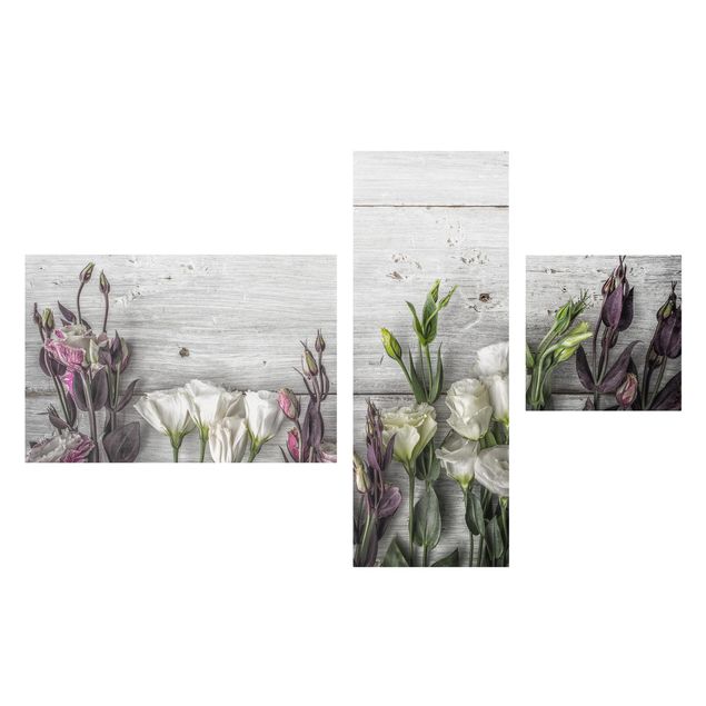 Leinwandbild 3-teilig - Tulpen-Rose Shabby Holzoptik - Collage 2