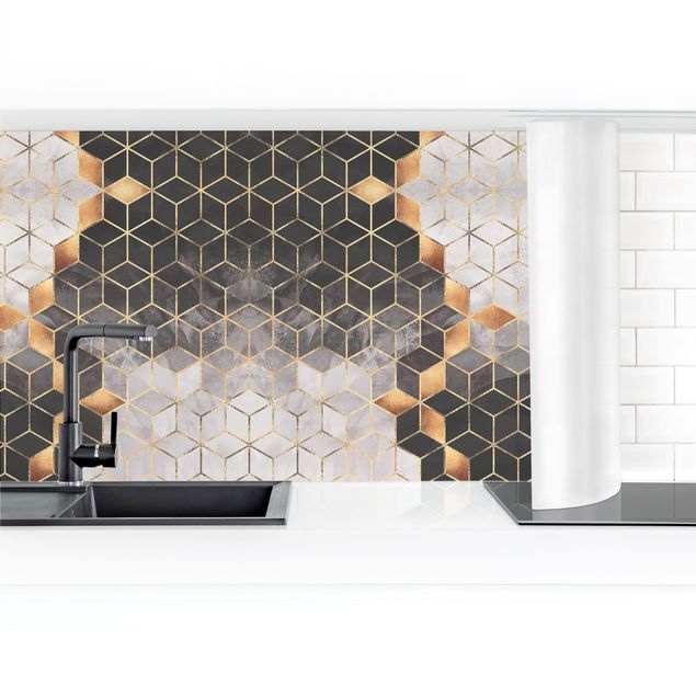 Küchenrückwand - Schwarz Weiß goldene Geometrie II