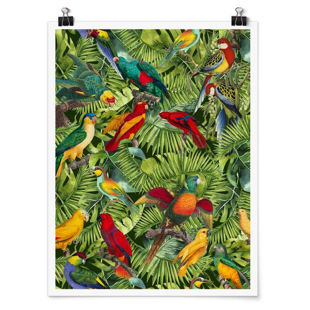 Poster - Bunte Collage - Papageien im Dschungel - Hochformat 4:3
