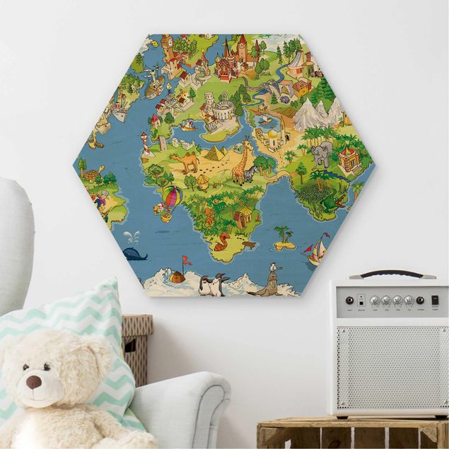 Hexagon Bild Holz - Great and funny Worldmap