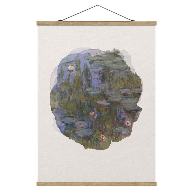 Stoffbild mit Posterleisten - Wasserfarben - Claude Monet - Seerosen (Nympheas) - Hochformat 3:4