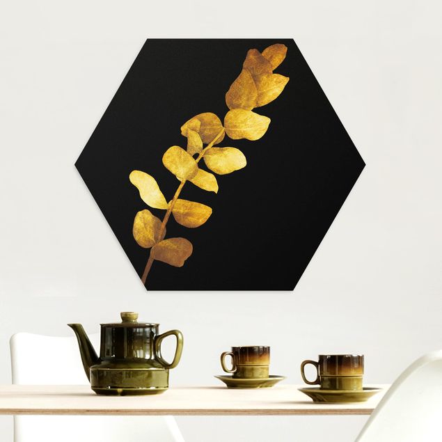 Hexagon Bild Alu-Dibond - Gold - Eukalyptus auf Schwarz