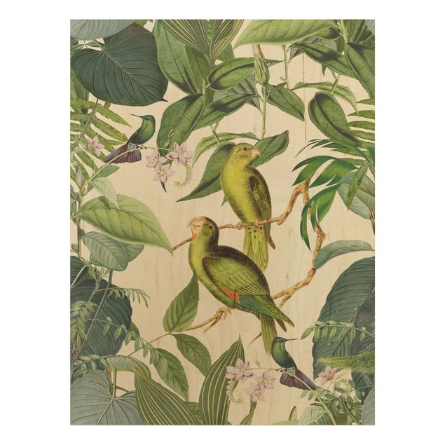 Holzbild - Vintage Collage - Papageien im Dschungel - Hochformat 4:3