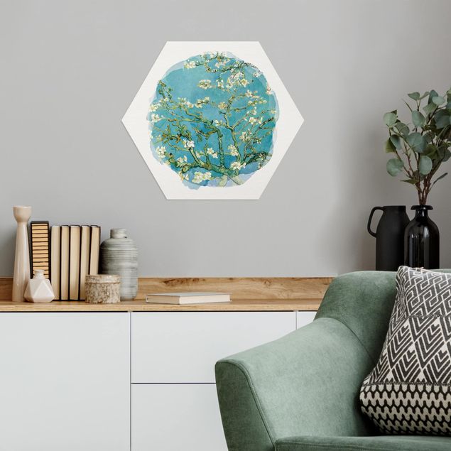 Hexagon Bild Alu-Dibond - Wasserfarben - Vincent van Gogh - Mandelblüte