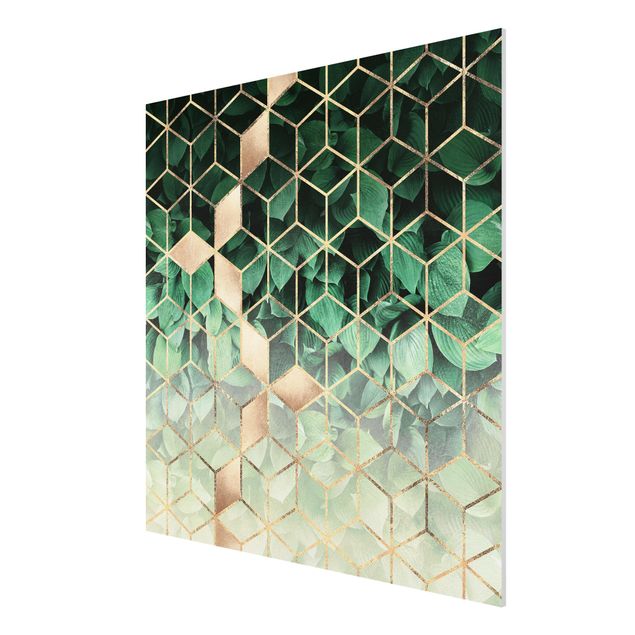 Forex Fine Art Print - Grüne Blätter goldene Geometrie - Quadrat 1:1