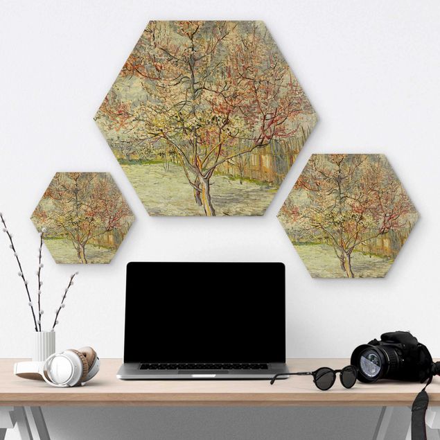 Hexagon Bild Holz - Vincent van Gogh - Blühende Pfirsichbäume