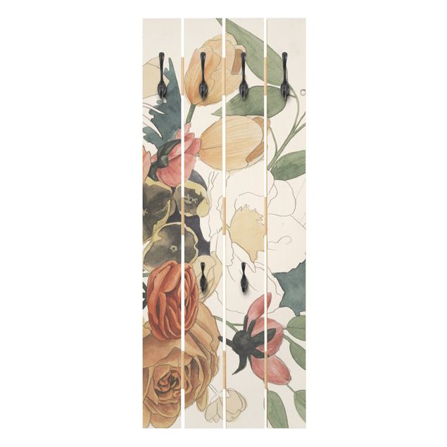 Wandgarderobe Holz - Zeichnung Blumenbouquet in Rot und Sepia II - Haken chrom Hochformat