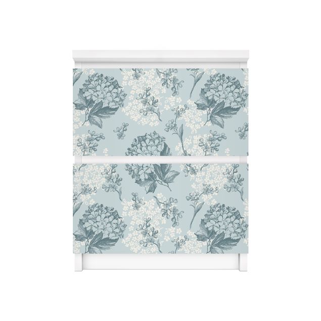 Möbelfolie für IKEA Malm Kommode - Selbstklebefolie Hortensia pattern in blue