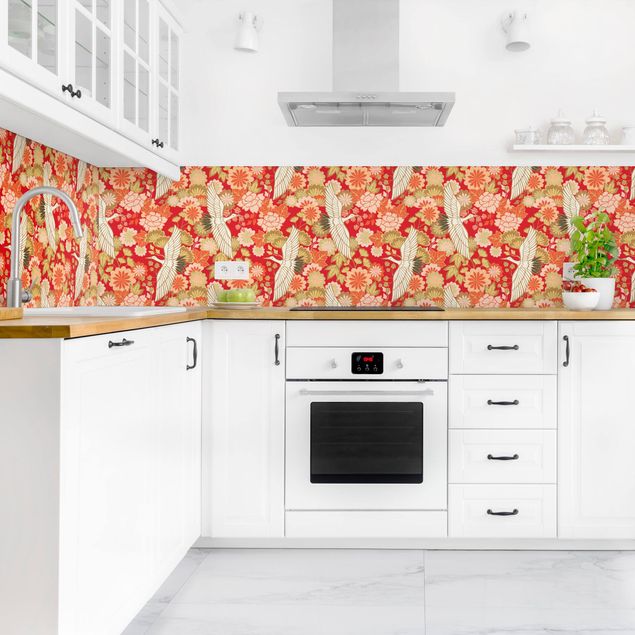 Küchenrückwand - Kraniche und Chrysanthemen Rot