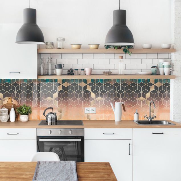 Küchenrückwand - Türkis Rosé goldene Geometrie II