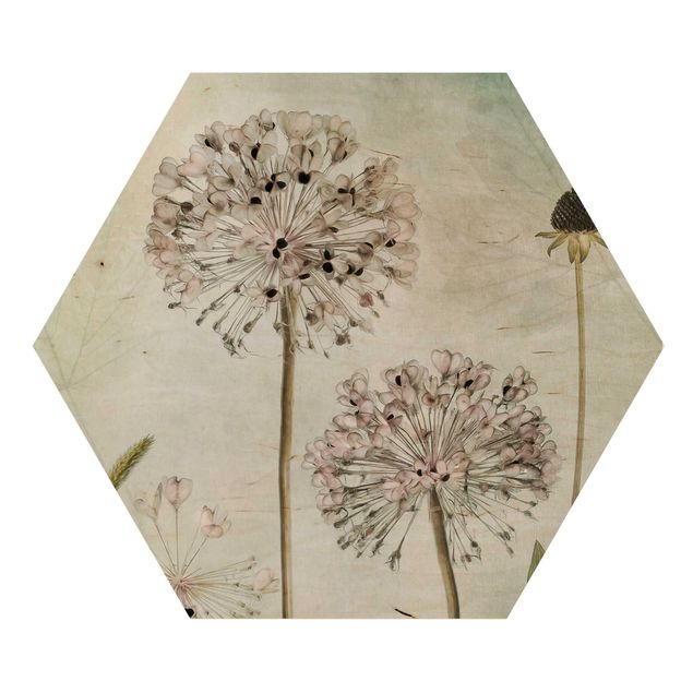 Hexagon Bild Holz - Lauchblüten in Pastell