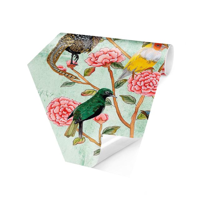 Hexagon Mustertapete selbstklebend - Chinoiserie Collage in Mint II