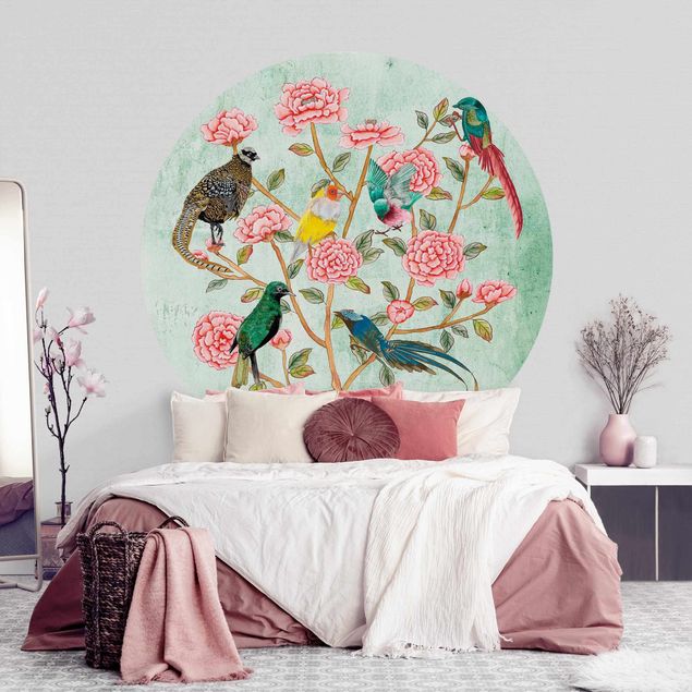 Runde Tapete selbstklebend - Chinoiserie Collage in Mint II