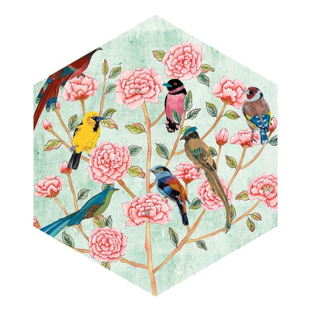 Hexagon Mustertapete selbstklebend - Chinoiserie Collage in Mint