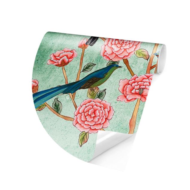 Runde Tapete selbstklebend - Chinoiserie Collage in Mint