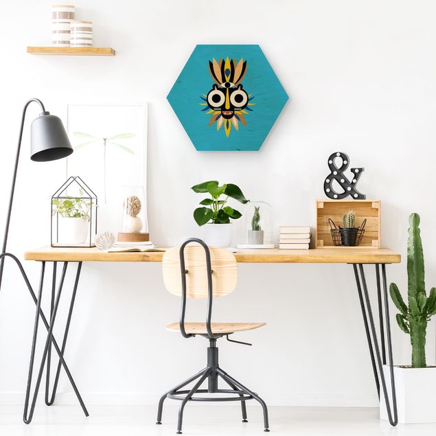 Hexagon-Holzbild - Collage Ethno Maske - Große Augen