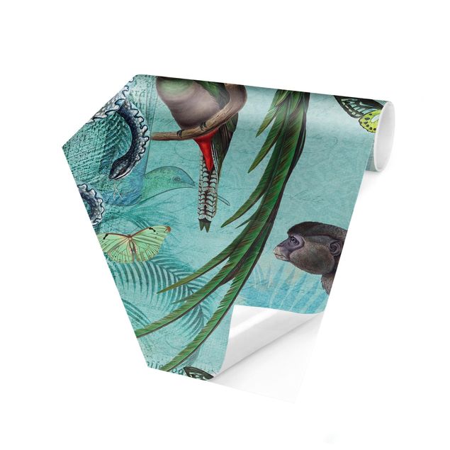 Hexagon Mustertapete selbstklebend - Colonial Style Collage - Äffchen und Paradiesvögel