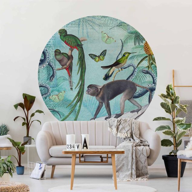 Runde Tapete selbstklebend - Colonial Style Collage - Äffchen und Paradiesvögel