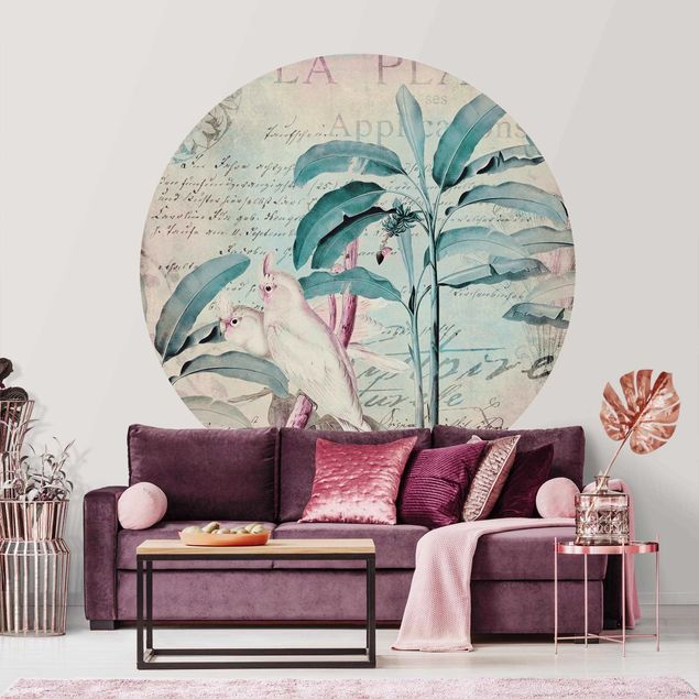 Runde Tapete selbstklebend - Colonial Style Collage - Kakadus und Palmen