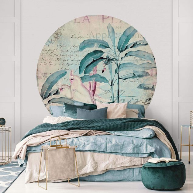Runde Tapete selbstklebend - Colonial Style Collage - Kakadus und Palmen